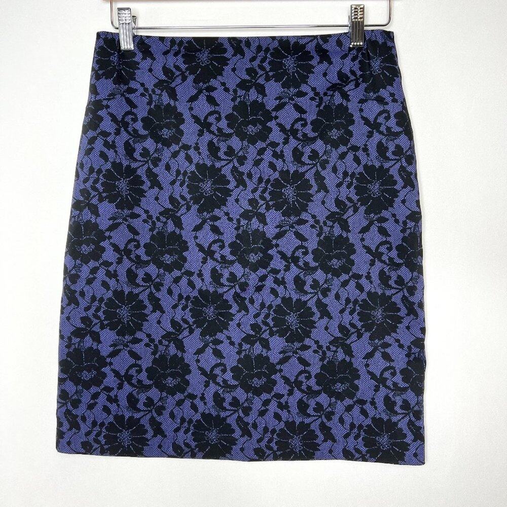 Vintage Express Purple & Black Floral Lace Print Pencil Skirt 6